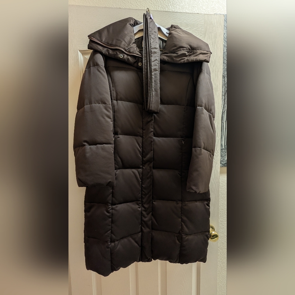 Women's Calvin Klein Brown Long Puffer Down Coat – Size M – 40" – High Collar